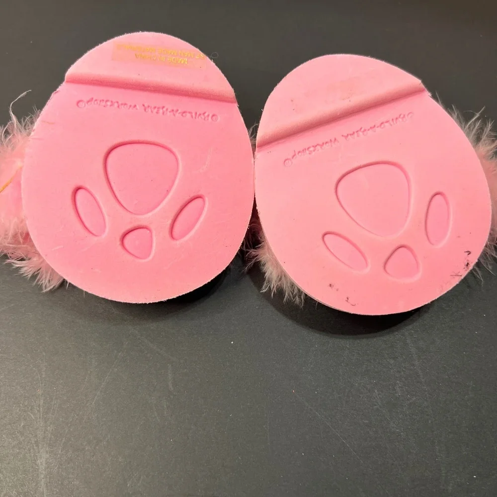 Build-A-Bear‎ OS Slippers Plush Pink Excellent Marabou Feather Paw Print Slides